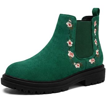 Women's Round Toe Floral Embroidered Chelsea Ankle Booties with Chunky Lug Sole