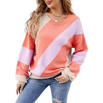 Womens Autumn Pullovers Casual Color Block Cardigans Long Sleeve Round Neck Loose Knit Sweater