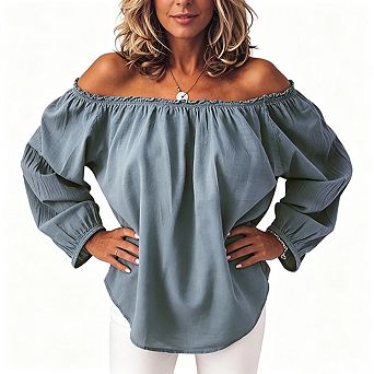 Off Shoulder Blouse Womens Ruffle Trim Long Balloon Sleeve For Casual Vacation Daily Outfit