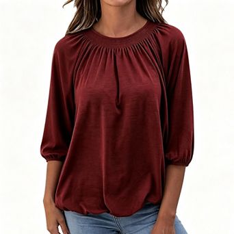Women's Smocked Neckline Top with 3/4 Balloon Sleeves and Elastic Hem