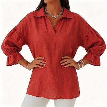 3/4 Sleeve Blouse Womens Collared V Neck Loose Fit For Office Casual Travel Weekend Outfits