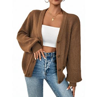 Women's V Neck Button Front Long Sleeve Knit Cardigan Coat