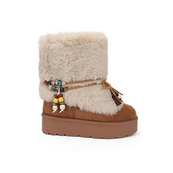 Yoki Women's Faux Fur Beaded Tassel Foldover Boots