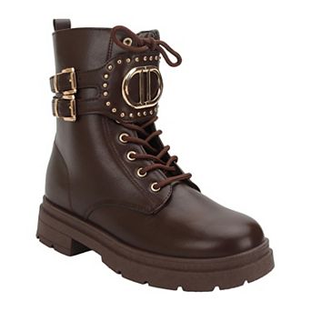 Yoki Women's Double Buckle Lace-Up Combat Boots