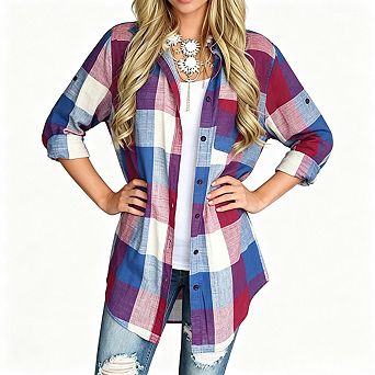 Shirt Blouse Womens Plaid Button Down Collared For Casual Layering Street Daily Outfits