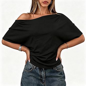 Off Shoulder Top Womens Batwing Sleeve Ruched Waist For Date Night Casual Party Wear