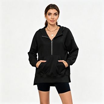 Women's Half-Zip Hoodie with Kangaroo Pocket, Side Slits and Tunic Length