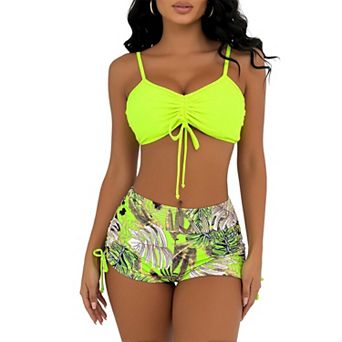 Women's Drawstring Spaghetti‑Strap Bikini, Tropical Leaf Print 2 pc Bathing Suit for Beach