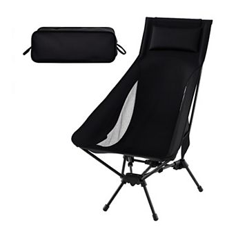 High Back Portable Camping Chair with Compact Carry Bag and Pillow Black