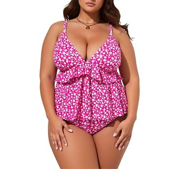 Women's Flowy Ruffle Tankini 2 pc Suit,Ditsy Floral Print V‑Neck Swimwear for Beach Vacation