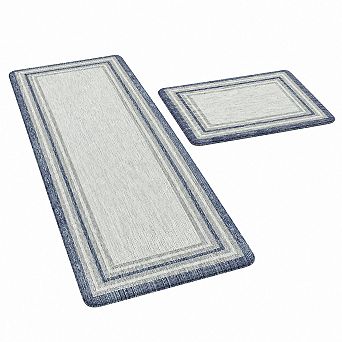 2 pc Anti Fatigue Kitchen Mat Set Blue Gray Farmhouse Non Slip Waterproof Rug