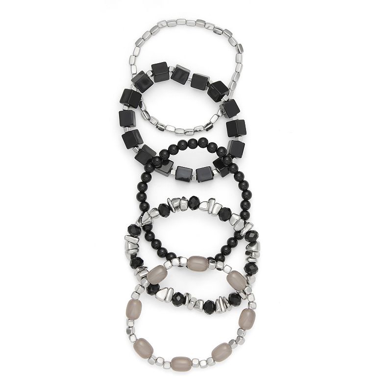 Emberly Silver Tone Polished 5-Piece Beaded Stretch Bracelet Set
