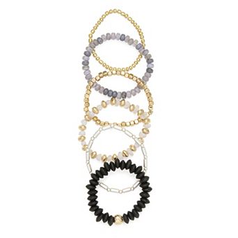 Emberly Two Tone 6 pc Polished Plastic & Wood Beaded Stretch Bracelet Set