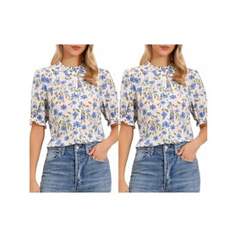 2 Packs Women's Mock Neck Top Summer Boho Floral ButtonDown Shirt Puffy Short Sleeve Chiffon Blouses