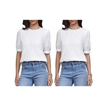 2 Packs Summer Tops for Women's Puffy Short Sleeve Crew Neck Hollow Out Shirts Loose Tunic Tops