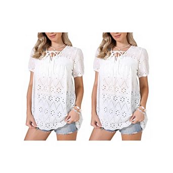 2 Packs Summer Tops for Women's Puffy Short Sleeve V Neck Hollow Out Casual Top Shirts