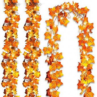 Fall Leaf Garland with Lights, 24.6 ft, 60 LED String Lights, 3-Pack
