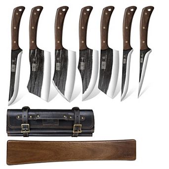 HOSHANHO 9 pc Hand Forged Butcher Knife Set with Leather Roll Bag & 16" Magnetic Strip
