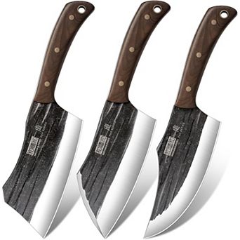 HOSHANHO 3 pc Carbon Steel Serbian Chef Knife Cleaver Set