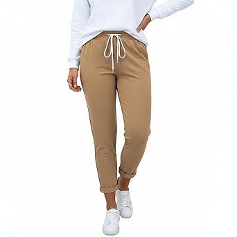 Women Cropped Pants High Waist Drawstring Roll‑Up Hem Casual Trousers with Side Pockets