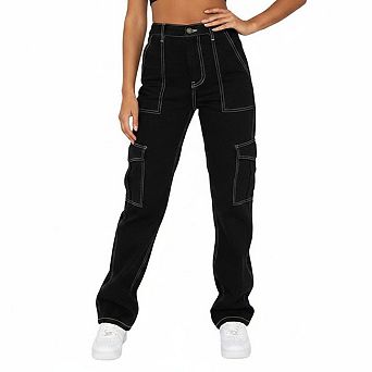 Women Cargo Denim Pants Mid Waist Straight Leg Streetwear Casual Trousers with Contrast Stitching