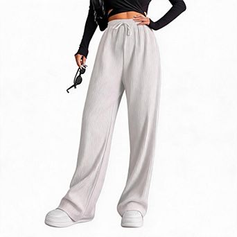 Women Ribbed Wide Leg Pants High Waist Drawstring Loose Fit Casual Trousers