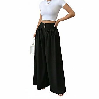 Women Linen Wide Leg Palazzo Pants High Waist Button‑Decorated Casual Trousers with Pockets