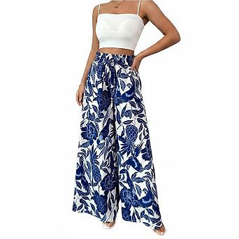 Women Floral Print Wide Leg Pants High Waist Drawstring Flowy Beach Casual Trousers
