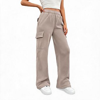 Women Cargo Sweatpants Elastic High Waist Wide Leg Casual Jogger Trousers with Multi‑Pockets