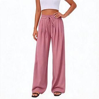 Women Linen Wide Leg Pants High Waist Drawstring Pleated Casual Trousers with Pockets