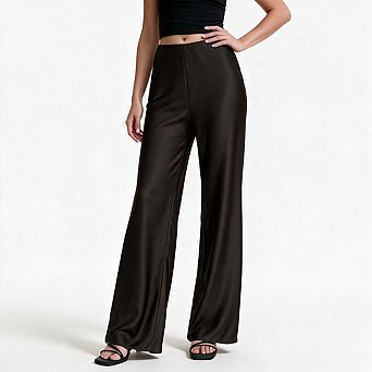 Women Satin Wide Leg Pants High Waist Slip‑on Elegant Formal Trousers for Work