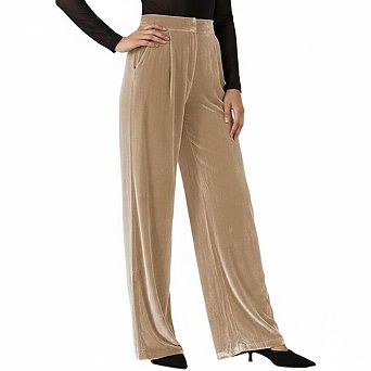Women Velvet Wide Leg Pants Elastic High Waist Flowy Trousers for Party Office