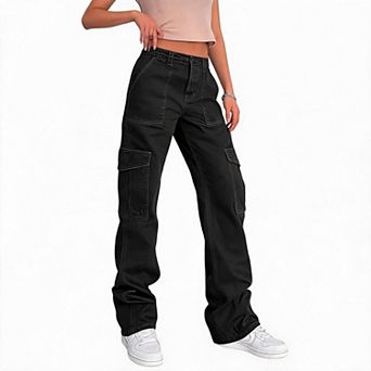 Women Cargo Wide Leg Pants Low Waist Loose Casual Streetwear Trousers with Multi‑Pockets