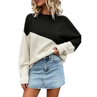 Women Color Block Knit Pullover Sweater Loose Crew Neck Top