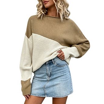 Women Color Block Knit Pullover Sweater Loose Crew Neck Top