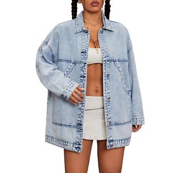 Women's Denim Long Sleeve Collared Button Down Oversized Open Front Jeans Jacket with Pockets