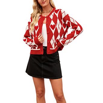 Women Heart Argyle Print Knit Cardigan Button Down Sweater
