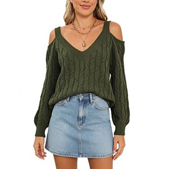 Women Cold Shoulder Cable Knit Sweater V Neck Pullover Top
