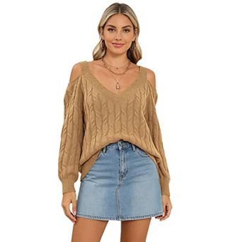 Women Cold Shoulder Cable Knit Sweater V Neck Pullover Top