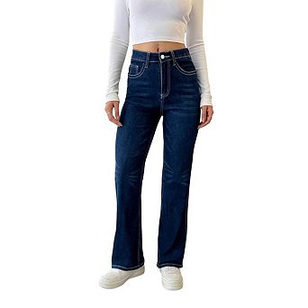 Womens High Waist Flared Jeans Bootcut Denim Pants Button Zipper Closure Casual Daily Denim Trousers