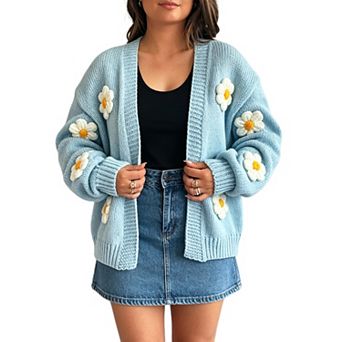 Women Daisy Cropped Knit Cardigan Open Front Loose Sweater
