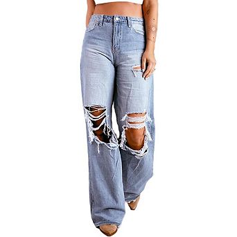 Womens Ripped Wide Leg Jeans Distressed Denim Pants Button Zip Closure Casual Streetwear Trousers
