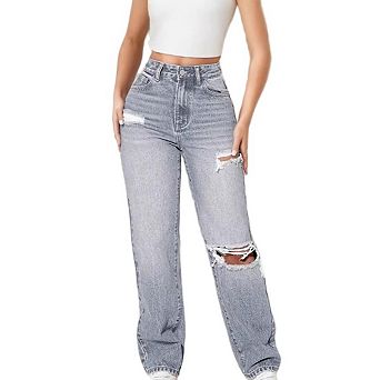 Women' High Waist Ripped Straight Leg Jeans Distressed Denim Pants Button Zip Closure with Pockets