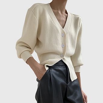 Womens V Neck Cardigan Sweaters Open Front Button Down Long Sleeve Cropped Coats