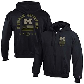 Men's Champion Black Michigan Wolverines Operation Hat Trick Flag Powerblend Fleece Full-Zip Hoodie