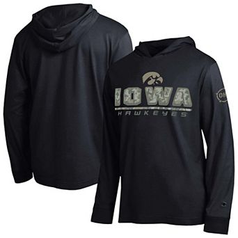 Men's Champion Black Iowa Hawkeyes Operation Hat Trick Camo Script Hooded Long Sleeve T-Shirt