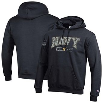 Men's Champion Black Navy Midshipmen Operation Hat Trick Camo Script Powerblend Fleece Hoodie