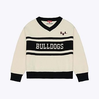 Women's Mitchell & Ness Cream Georgia Bulldogs Retro Roots V-Neck Sweater