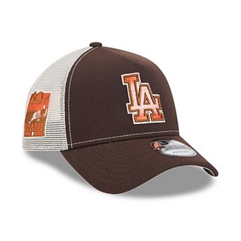 Men's New Era Brown Los Angeles Dodgers Pumpkin Spice A-Frame 9FORTY Adjustable Trucker Hat