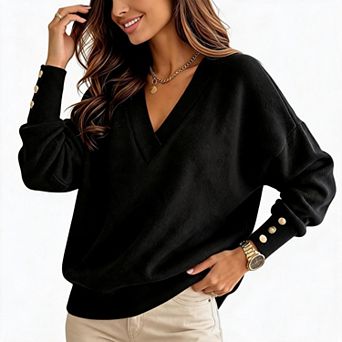 Women's V‑Neck Loose Sweater Decorative Metal Button Cuffs Soft Casual Knit Sweater